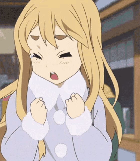 a cartoon girl with blonde hair is wearing a white fur coat