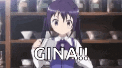 a girl with purple hair is standing in front of a shelf with a spoon in her hand and says gina !