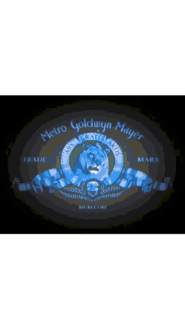 a blue metro goldwyn mayer logo with a lion in the center
