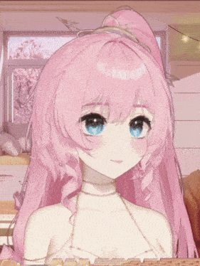 a girl with pink hair and blue eyes is wearing a white top