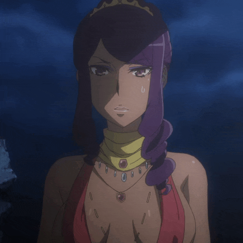a woman with purple hair is wearing a red top and a necklace