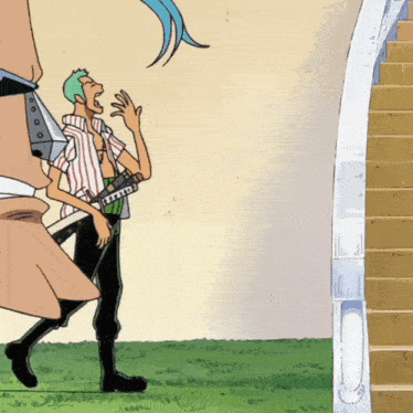 a man in a striped shirt is standing next to a staircase
