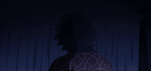 a cartoon character is standing in front of a window looking out at the sunset .