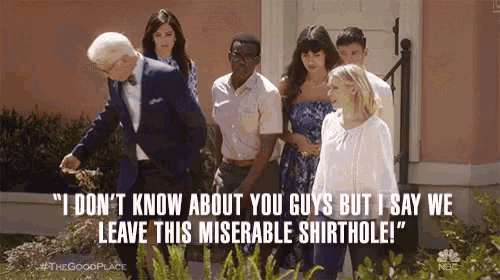 a group of people walking in front of a house with a quote from the good place