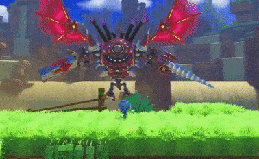 a video game character with red wings is standing in a grassy field .