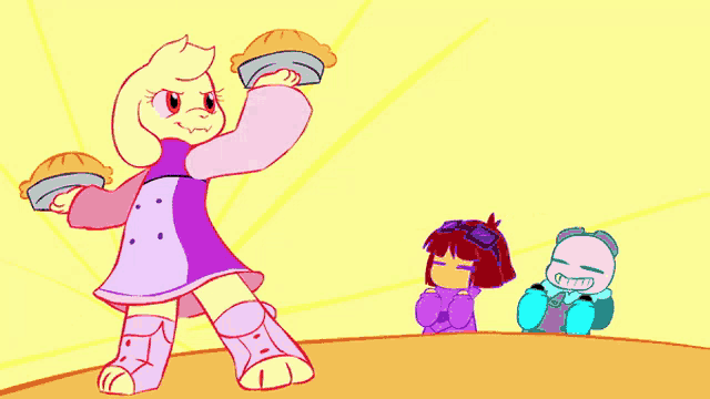 a cartoon drawing of a sheep holding two pies in her hands