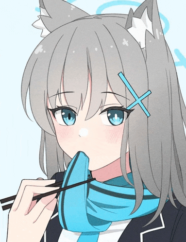 a drawing of a girl with a scarf around her neck and chopsticks in her mouth