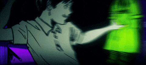 a cartoon drawing of a man with a green light behind him