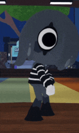 a cartoon character wearing a black and white striped shirt with a large eye