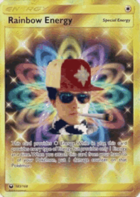 a rainbow energy card with a picture of a man smoking a cigar