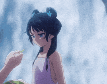a girl with a flower in her hair is being touched by someone