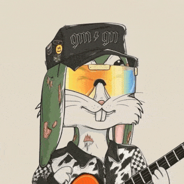 a cartoon of a rabbit wearing sunglasses and a hat that says ' gm & gm ' on it