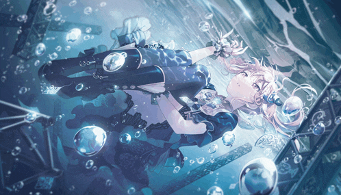 an anime girl is floating in the water with bubbles around her