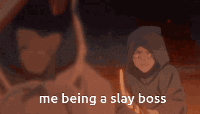 a cartoon of a man holding a sword with the words me being a slay boss