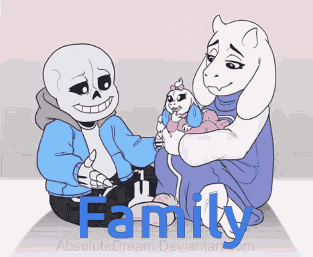 a drawing of a skeleton and a goat holding a baby with the word family on the bottom