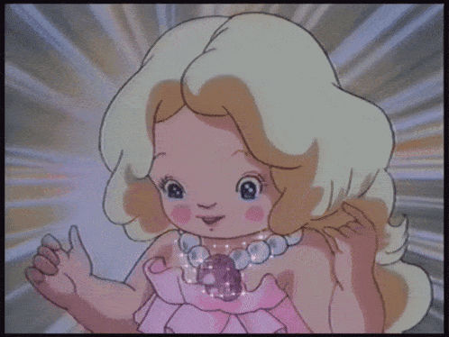 a cartoon drawing of a girl in a pink dress with a necklace around her neck