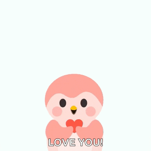 a pink penguin is surrounded by red hearts and the words " love you "