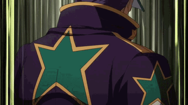 a purple jacket with a green star on it