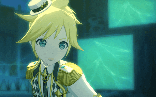 a yellow haired anime character with a top hat