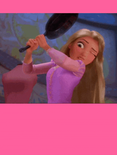 a cartoon girl is holding a frying pan over her head with the letter s and e below her