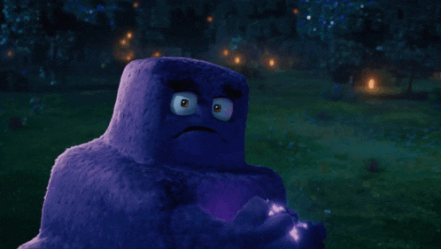 a purple cartoon character with a surprised expression on his face