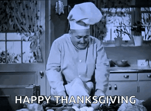 a man in a chef 's hat is cutting a turkey with the words happy thanksgiving written below him