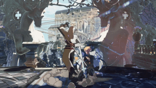 a man with a sword is standing in front of a building in a video game