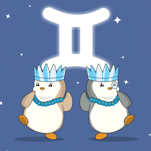 two penguins wearing crowns are dancing in front of a sign that says ii