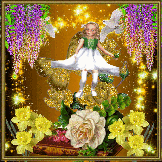 a picture of a fairy surrounded by flowers and a butterfly
