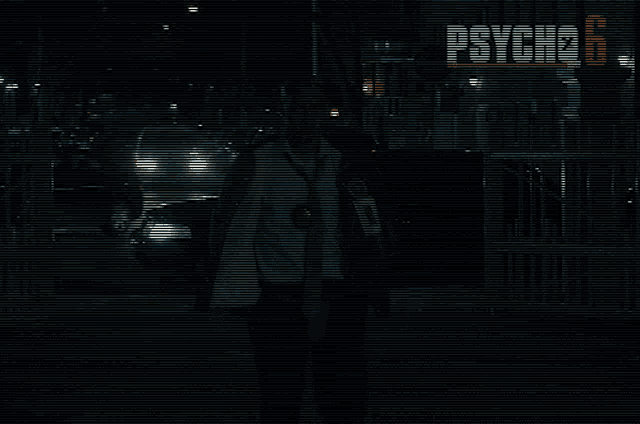 a man walking down a street with a sign that says psycho 6 above him