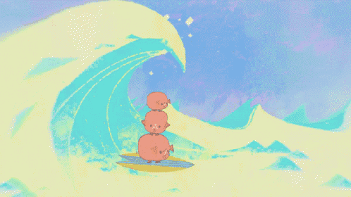 a cartoon illustration of three pigs riding a wave