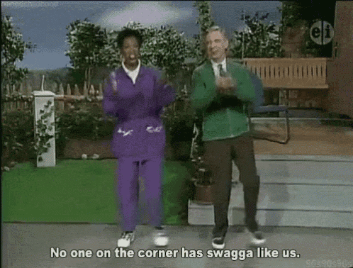 a man and a woman are dancing and the man is saying no one on the corner has swagga like us .