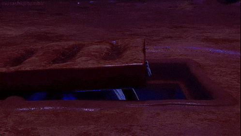 a cartoon character with blue hair looks out of a hole in the ground