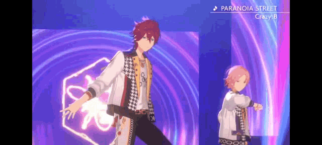 a couple of anime characters are dancing on a stage in front of a purple background .