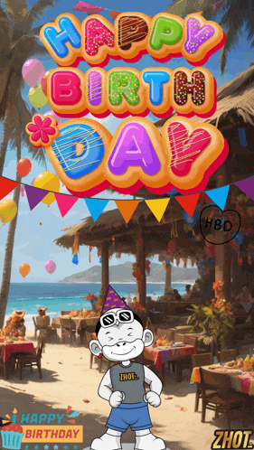 a cartoon character stands in front of a sign that says " happy birthday "