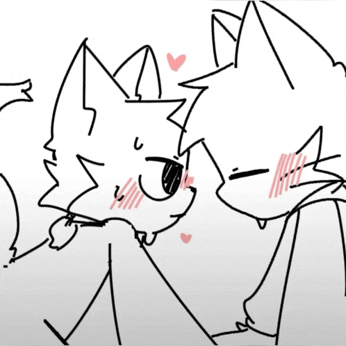 a black and white drawing of two cats kissing each other with hearts .
