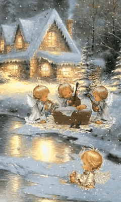 a painting of three angels playing instruments in the snow
