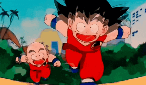 a cartoon character named goku and krilin are running together