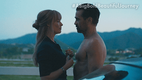 a man and a woman are looking into each other 's eyes with a big bold beautiful journey written below them