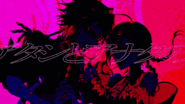 a purple and red drawing of a person with chinese writing