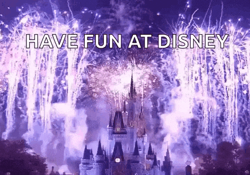 a castle is surrounded by fireworks with the words have fun at disney