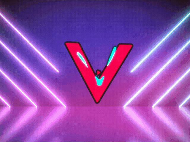 a red letter v is surrounded by neon lines on a purple background