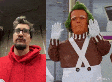 a man in a red hoodie is next to a man in a chocolate man costume