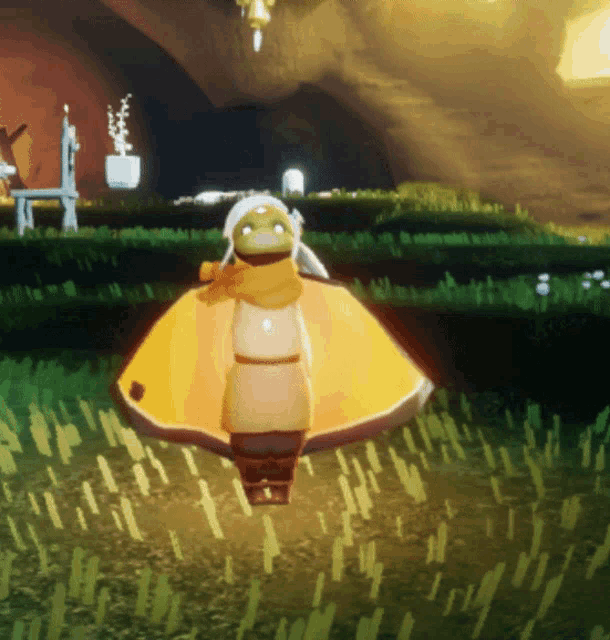 a cartoon character wearing a yellow cape is standing in the grass