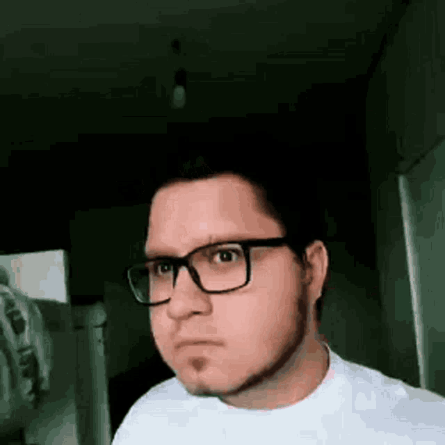 a man with glasses and a beard is making a funny face while wearing a white shirt .