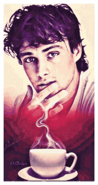 a painting of a man holding a cup of coffee with smoke coming out of it