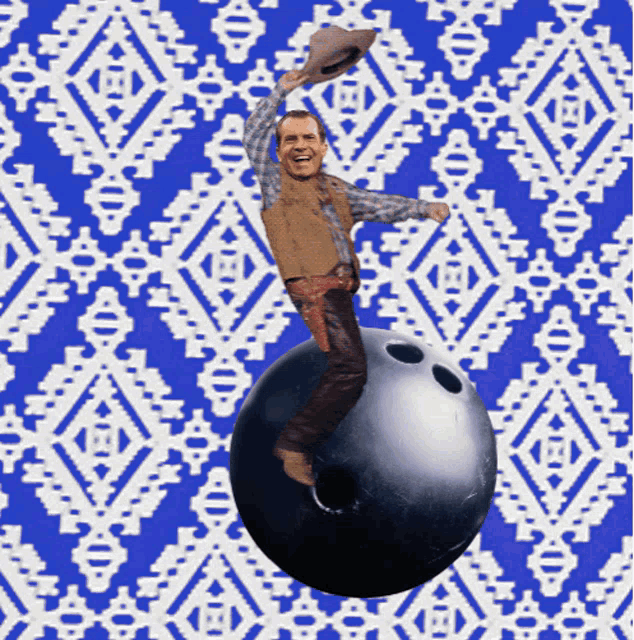 a man in a cowboy hat is riding a bowling ball on a blue and white patterned background