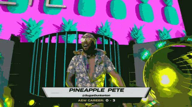 a man in a pineapple shirt is standing in front of a stage
