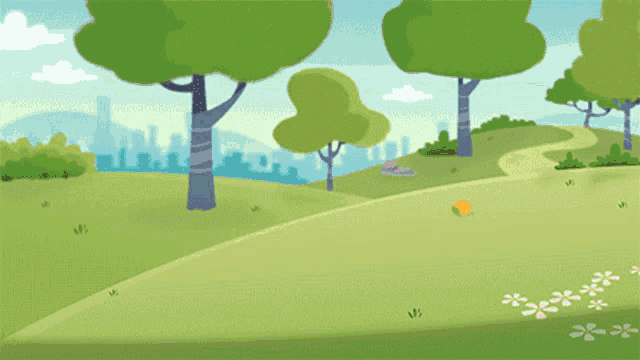 a cartoon drawing of a park with trees and grass