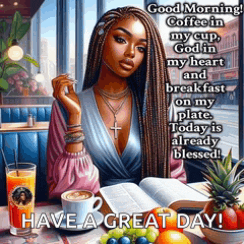 a painting of a woman sitting at a table with a cup of coffee and a book .